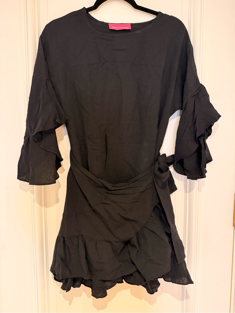 Black Ruffle Sleeve Wrap Dress